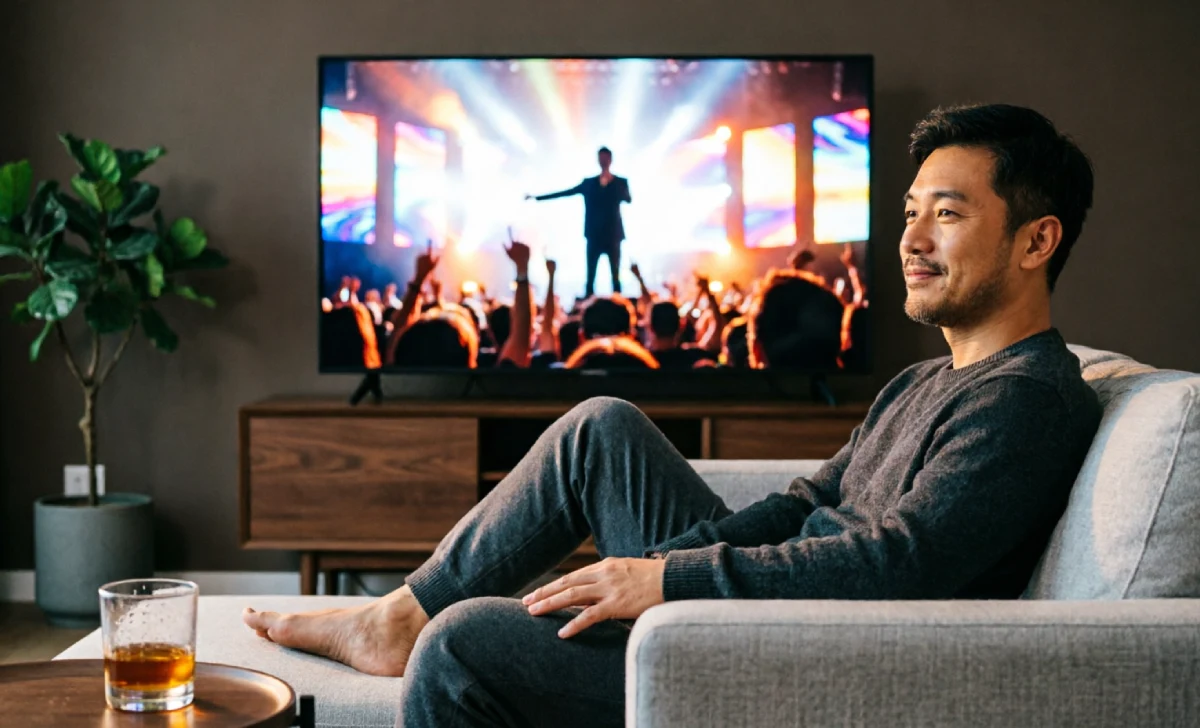Person watching one of the best concerts of all time on a television screen at home