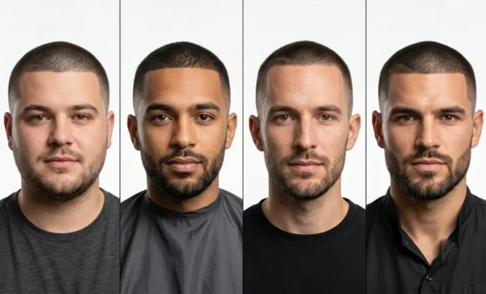 Face shape chart showing who should avoid a buzz cut including round, oblong, and heart shapes