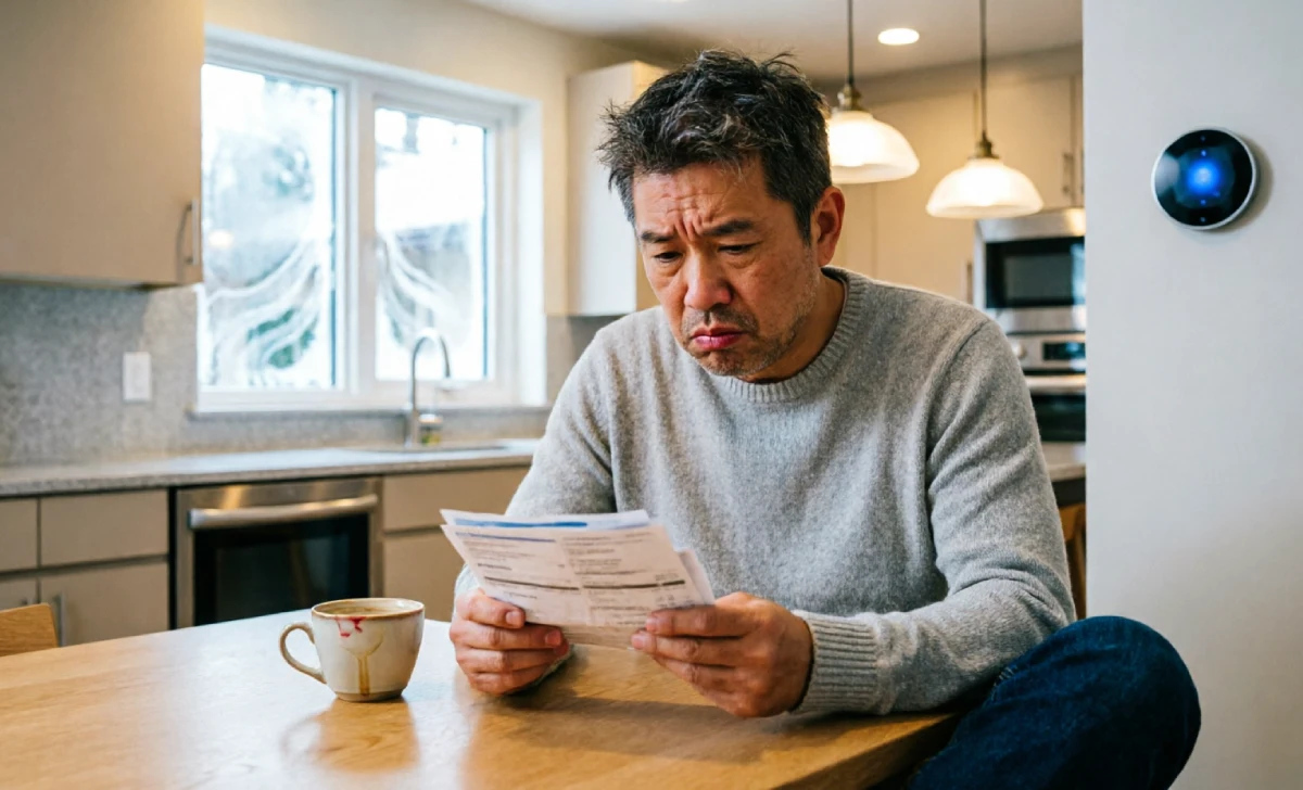 Homeowner reviewing high utility bill highlighting the need for energy-efficient home improvements