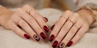 Classy winter nail ideas with burgundy velvet and jewel tones for sophisticated seasonal manicure inspiration.