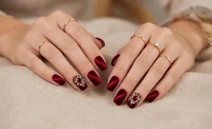 Classy Winter Nail Ideas - Burgundy Velvet & Jewel Tones Classy winter nail ideas with burgundy velvet and jewel tones for sophisticated seasonal manicure inspiration.