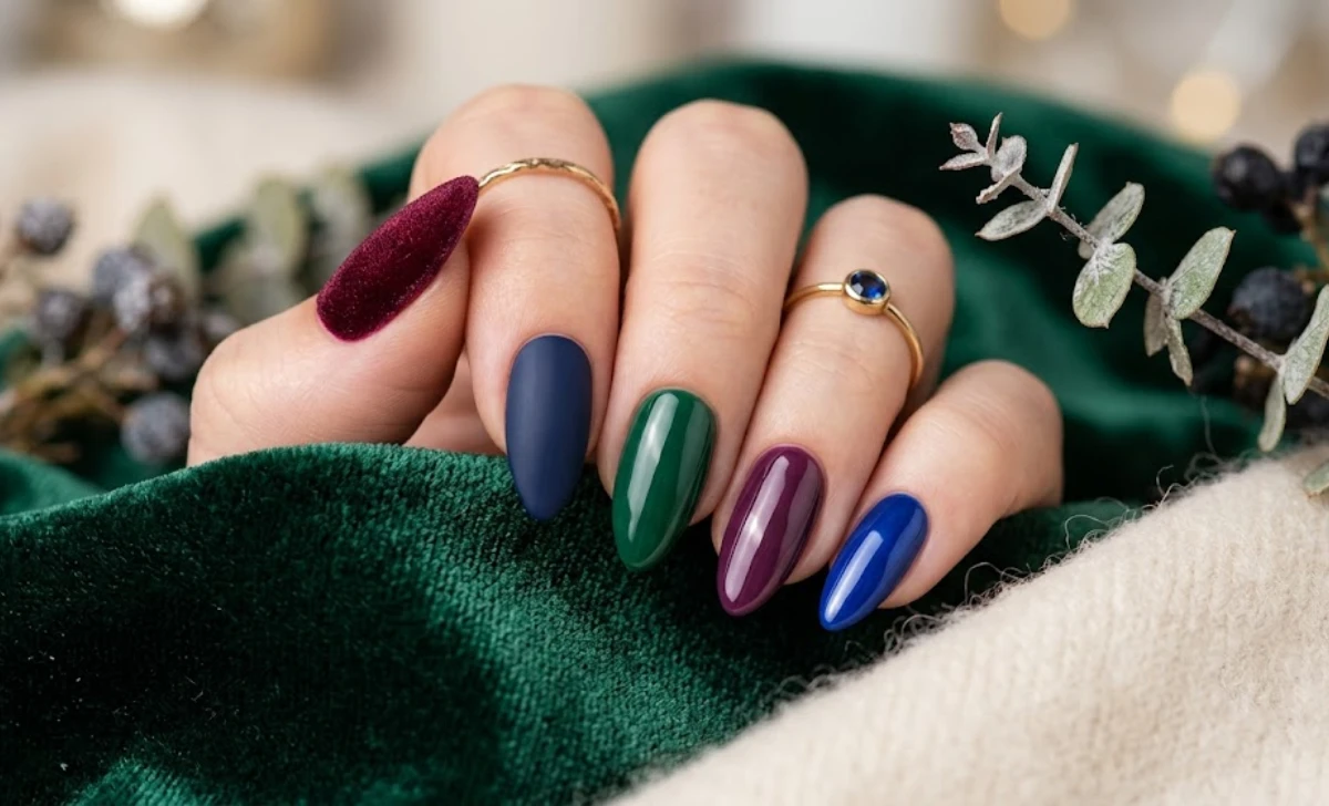 Winter nail ideas showcasing jewel tones burgundy velvet, navy matte, emerald green for sophisticated manicure