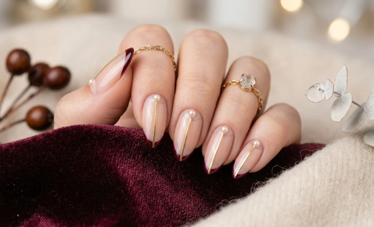 Minimalist winter nail ideas with gold metallic stripe, pearl accent, negative space for elegant simple manicure
