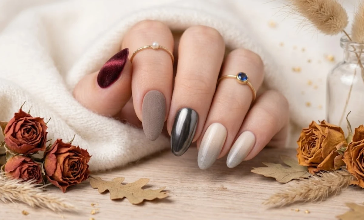 Winter nail ideas showing texture trends velvet finish, matte suede, chrome powder, cashmere ombre for refined manicure