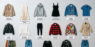 Types of clothing styles shown in a flat lay of outfit examples