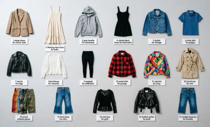 17 Different Clothing Styles Grid 17 different clothing styles shown in a flat-lay grid, including classic, bohemian, streetwear, and minimalist outfits