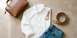 3 color rule clothing outfit with white shirt, blue jeans, and tan accessories