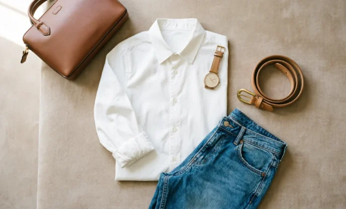 3 Color Rule Clothing Outfit Example 3 color rule clothing outfit with white shirt, blue jeans, and tan accessories