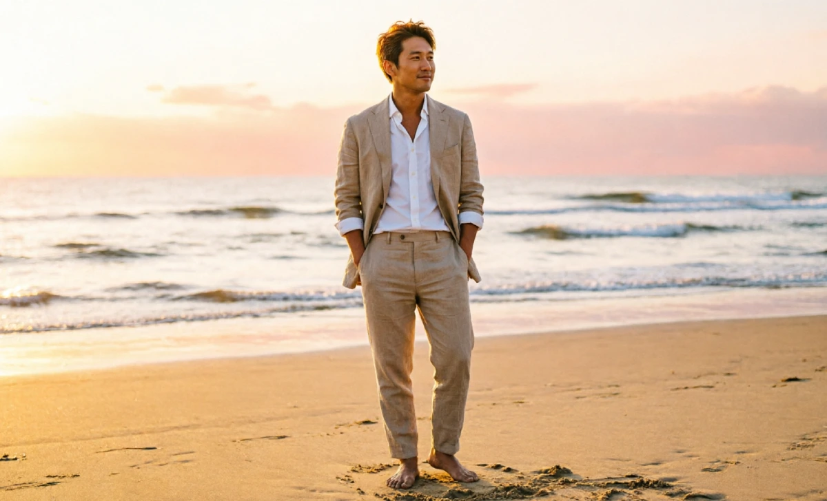 beach wedding outfit for men in linen suit