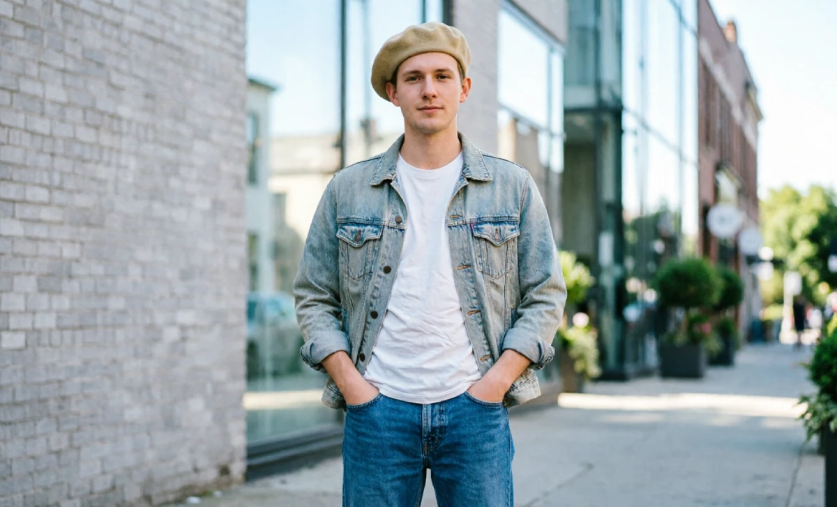 casual outfit idea with a lightweight beanie for 70 degree spring weather