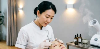 Beauty therapist career giving a client a professional facial treatment in a spa