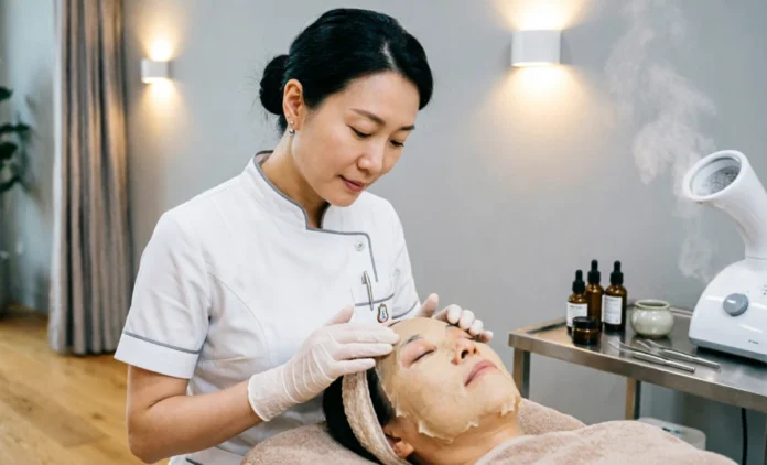 Beauty Therapist Career Performing Facial Treatment in Spa Beauty therapist career giving a client a professional facial treatment in a spa