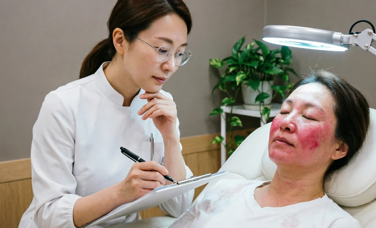 Beauty therapist career task — therapist examining client skin during consultation