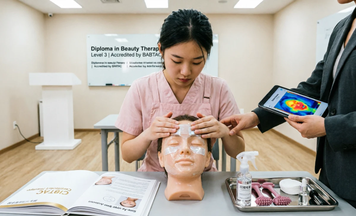 Beauty therapist career training — student practicing facial technique under instructor guidance