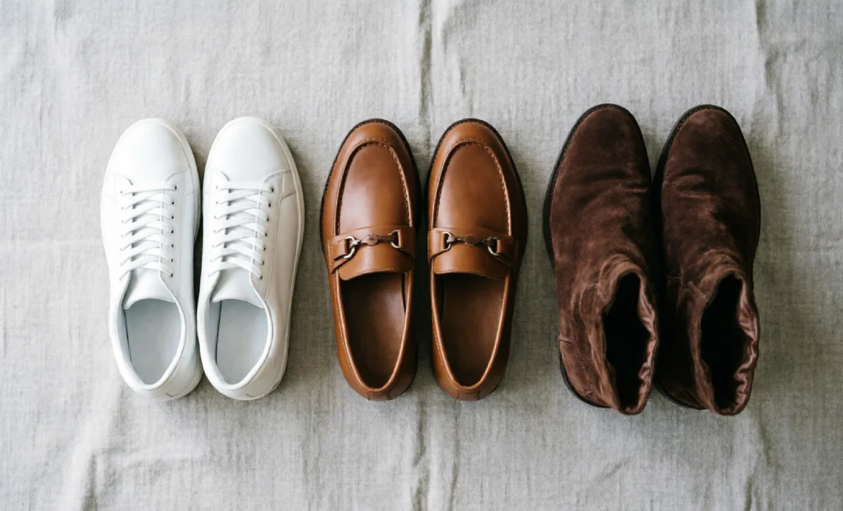White sneakers, loafers, and ankle boots for 60 degree weather outfits