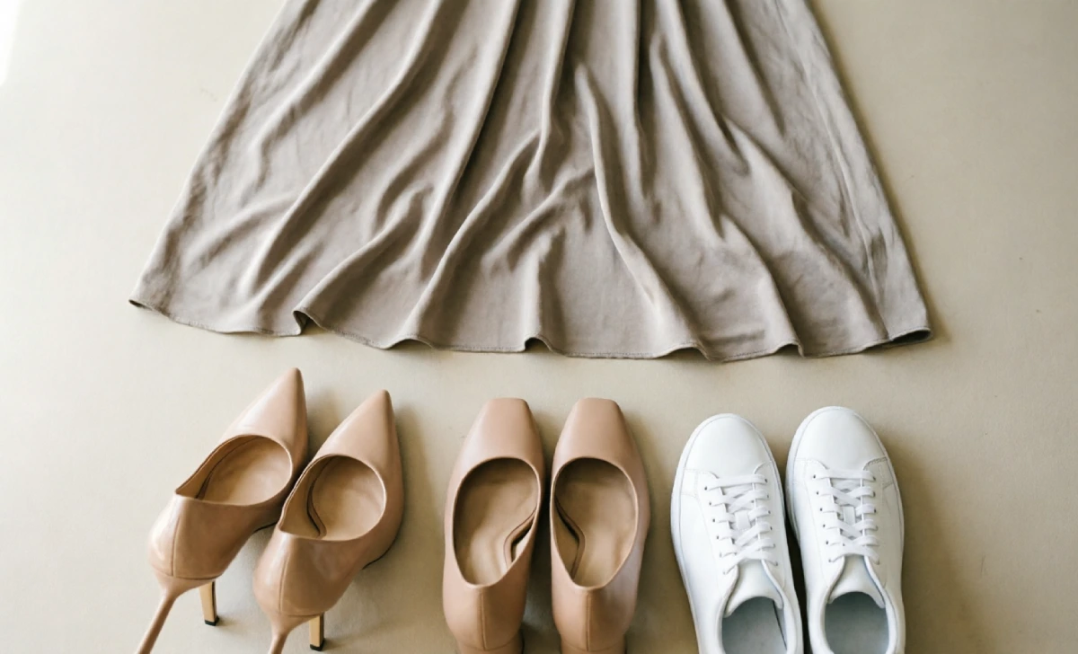 Shoe options for tea length dress including heels, block heels, and sneakers