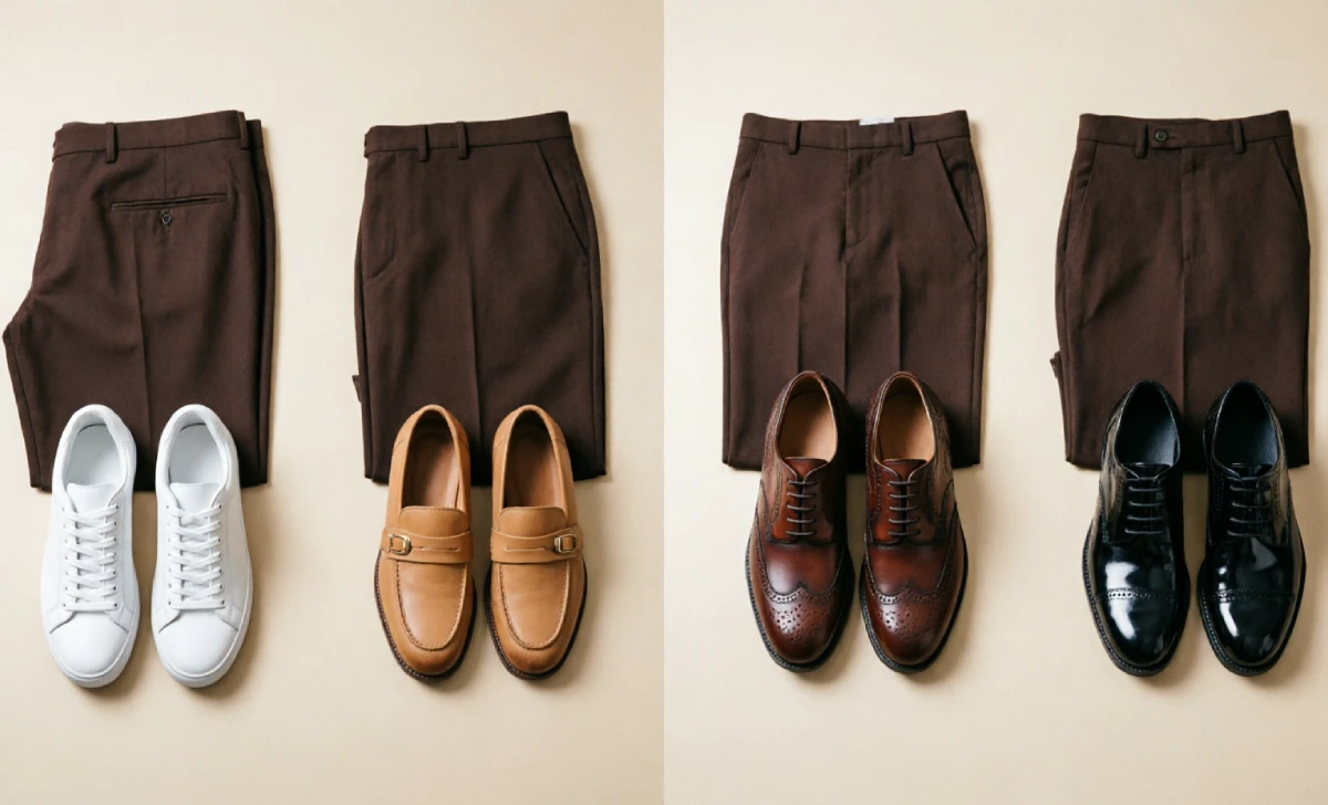 Shoe options that pair well with brown pants, including sneakers, loafers, and oxfords
