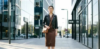 Woman and man both wearing coordinated black and brown outfits with leather and knit texture contrast