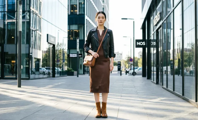 Black and Brown Outfit Combination — Modern Style Guide Woman wearing a black leather jacket with chocolate brown dress and tan suede boots showing how to style a black and brown outfit