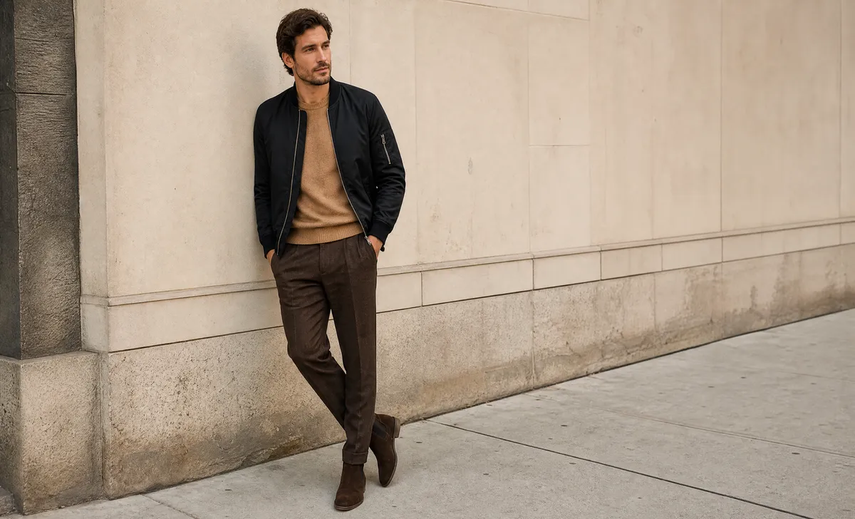 Man wearing a black bomber jacket over a camel sweater with brown suede boots