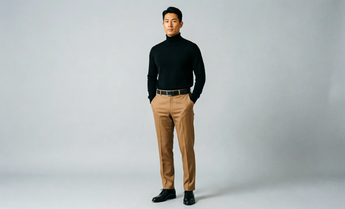 Outfit showing black and brown pants styled together with intentional contrast