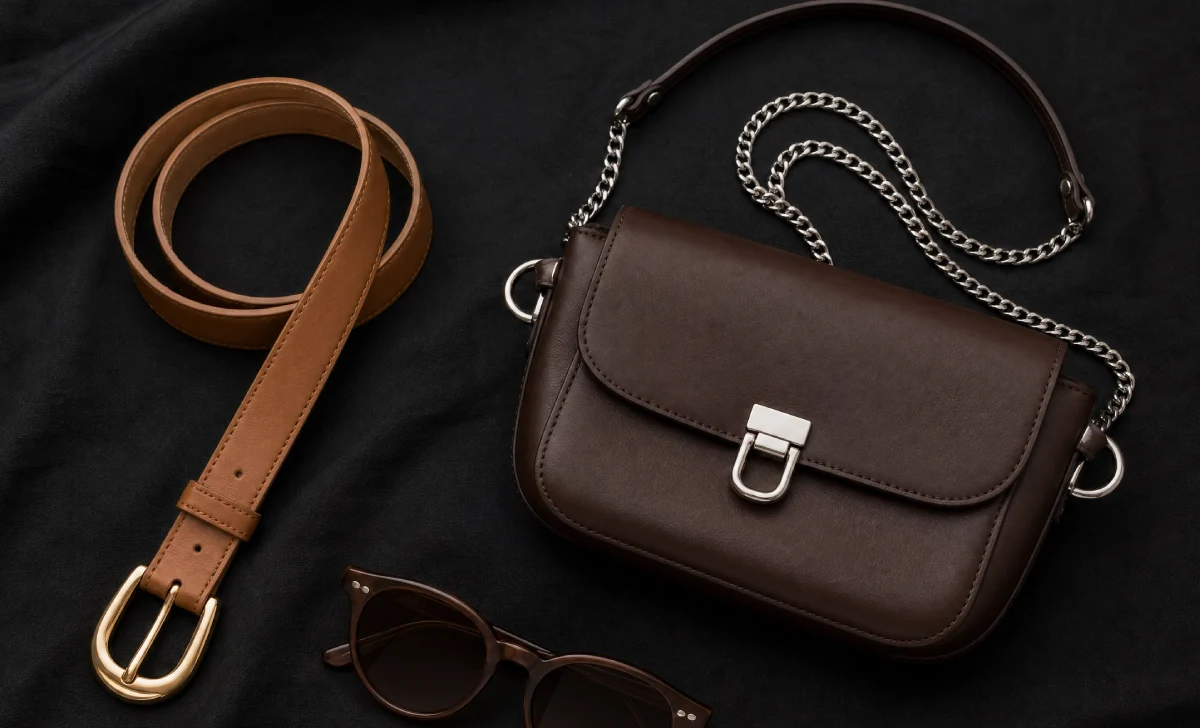 Flat lay of brown leather accessories with gold and silver hardware styled on a black background