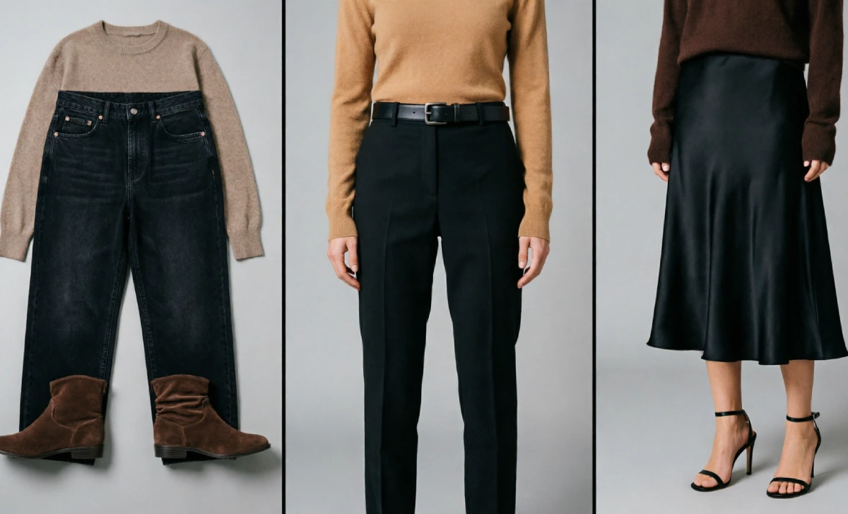 Three black and brown outfit formulas shown side by side for casual, office, and evening looks