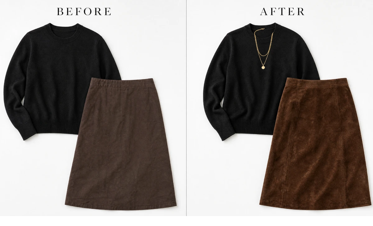 Comparison of a flat matte black and brown outfit next to a textured black and brown outfit with accessories