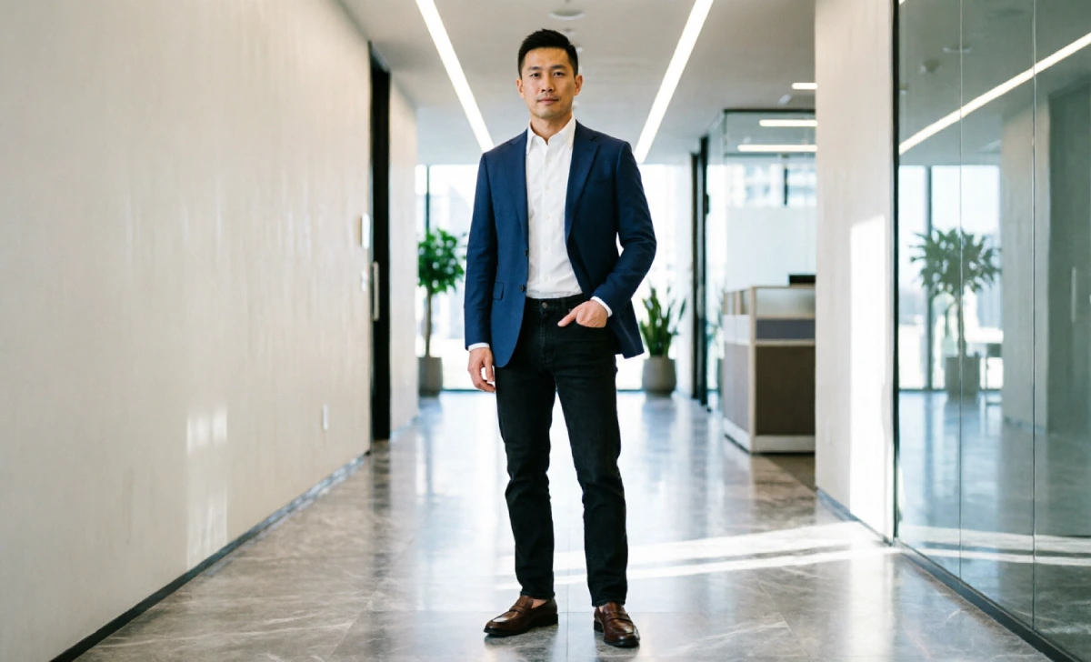 Man wearing black jeans business casual outfit with blazer, shirt, and leather loafers