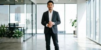 Black jeans styled with a blazer, collared shirt, and leather shoes for a business casual office outfit