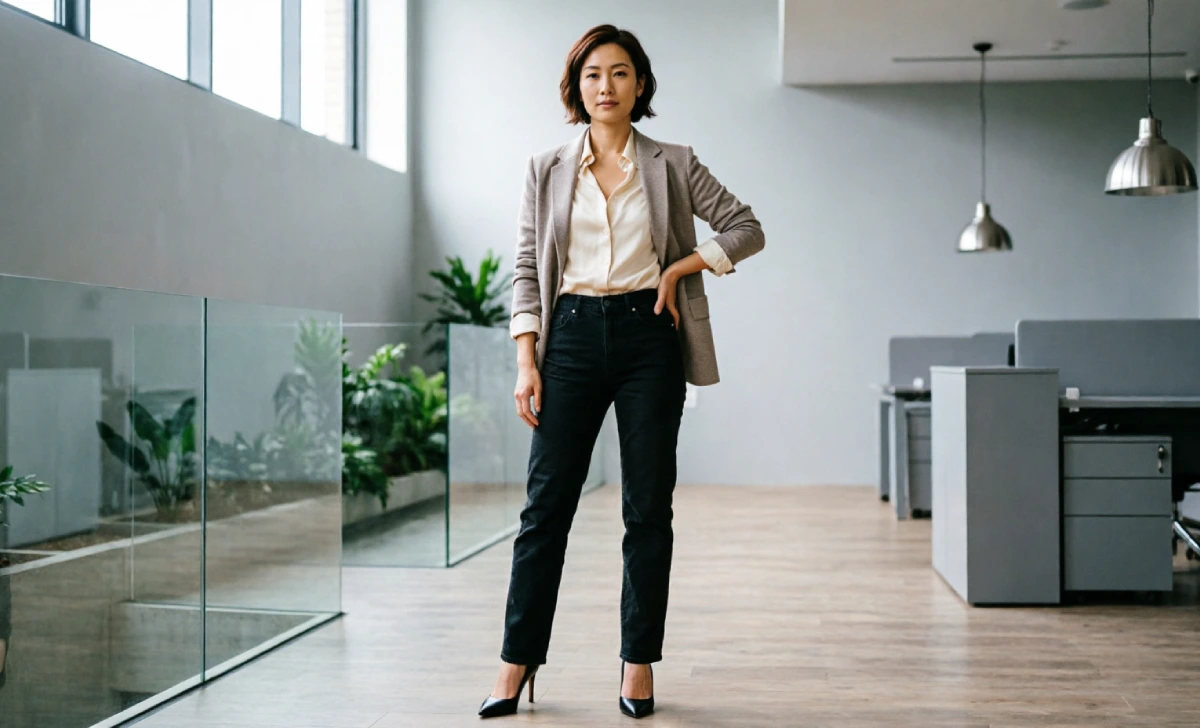 Woman styling black jeans business casual outfit with blouse, blazer, and pointed heel