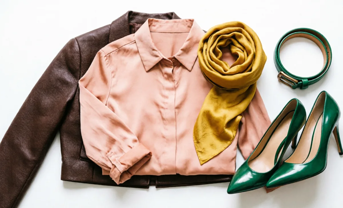 Bold colors that go with brown clothes such as blush pink, mustard, and emerald green.