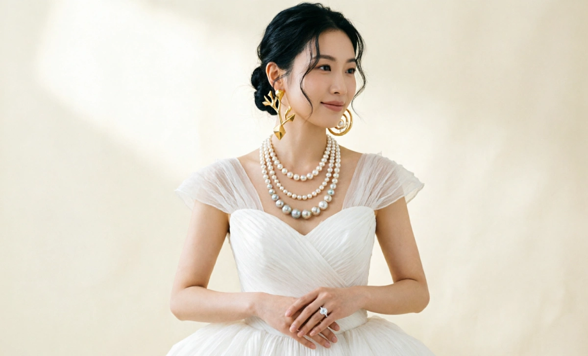 Sculptural earring style from bridal jewelry trends 2026 worn with hair swept up