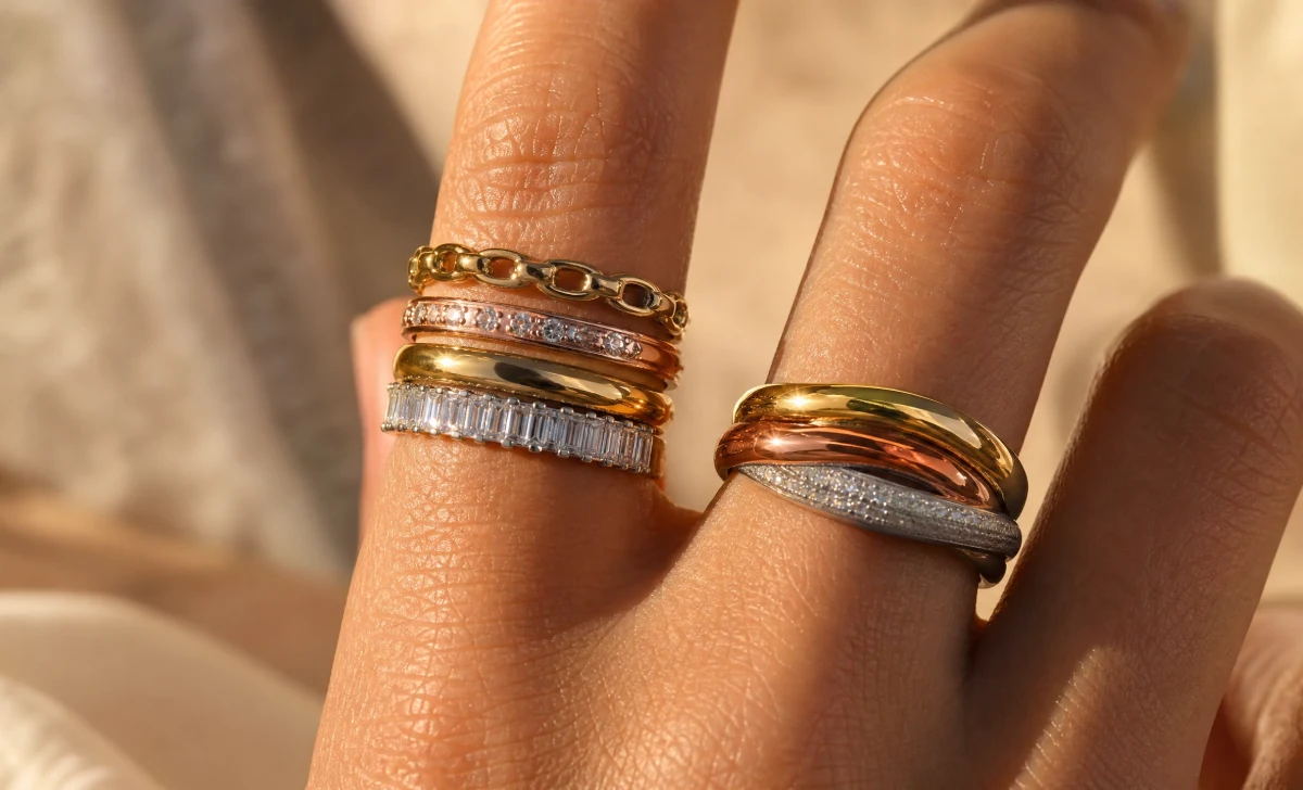 Mixed metal bridal ring stack combining gold, rose gold, and silver, a key 2026 Bridal Jewelry Trends