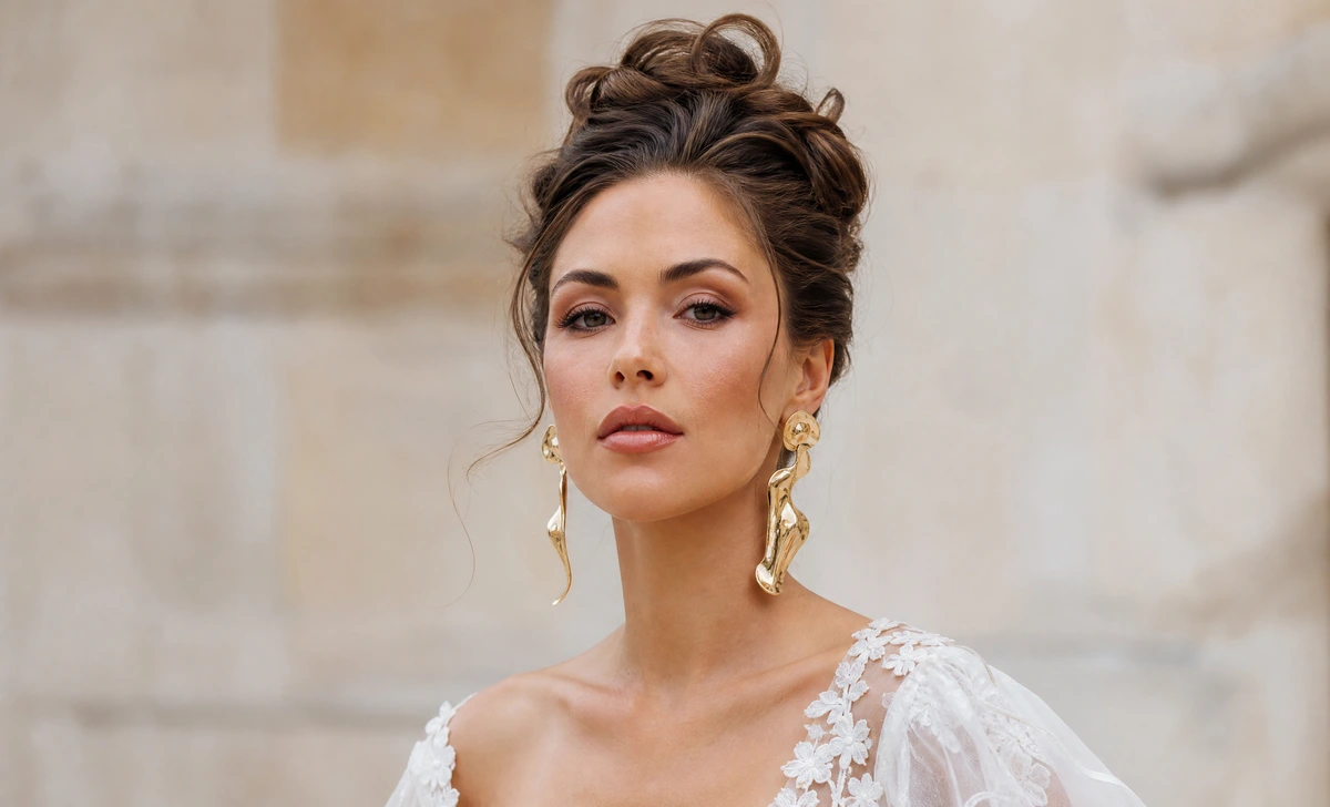 Sculptural gold earrings styled with an updo, a leading 2026 Bridal Jewelry Trends look