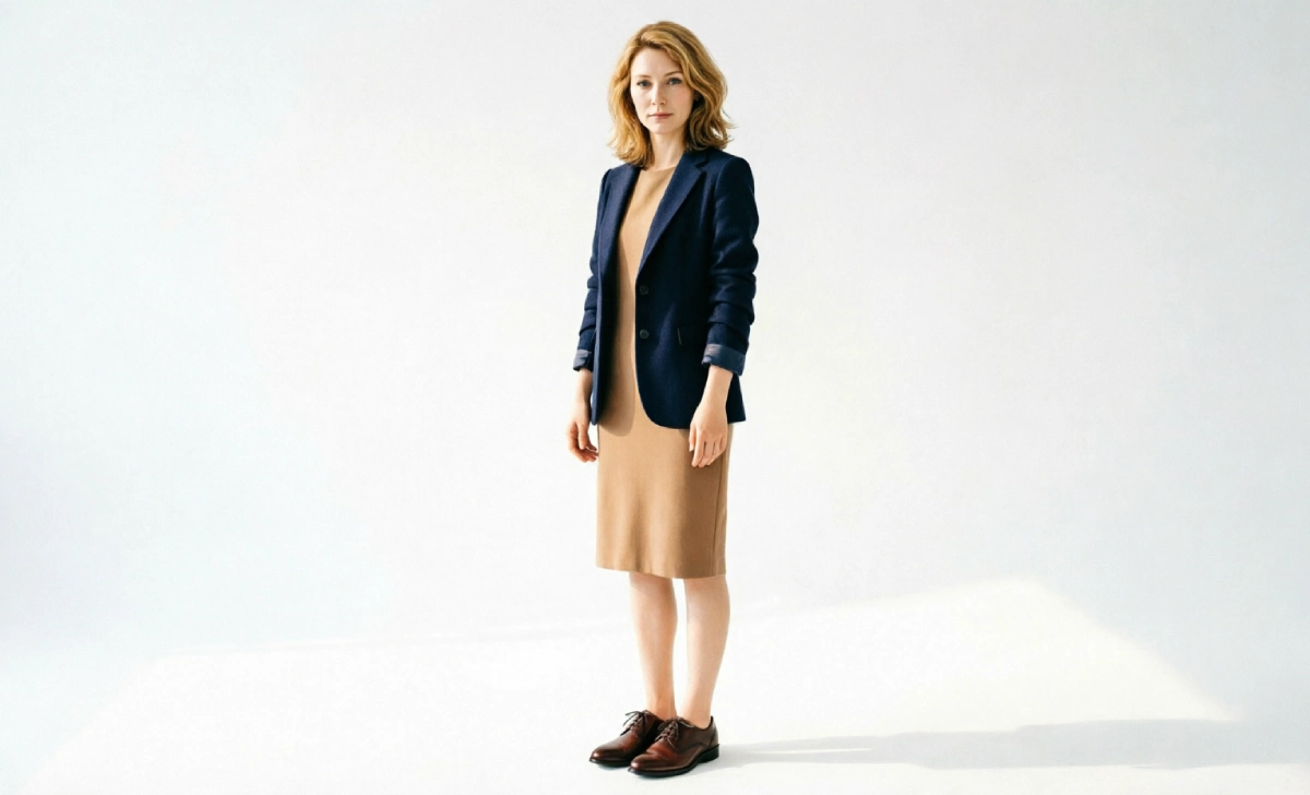 Navy blazer paired with brown dress as a classic brown and blue outfit