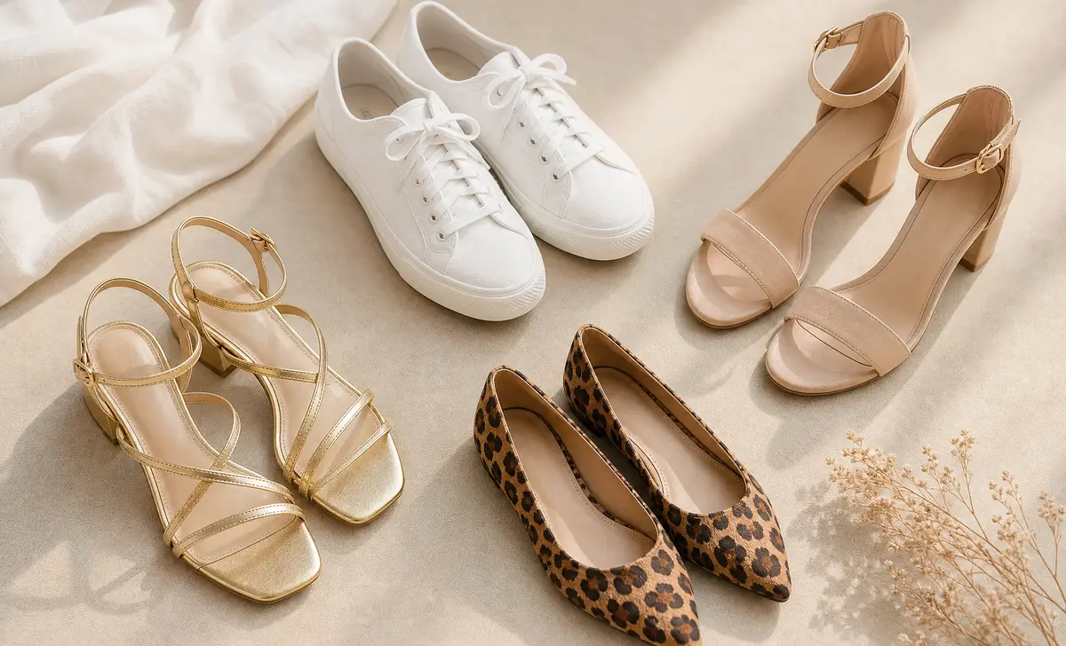 Shoe colour options for a brown dress including nude, white, gold, and leopard print