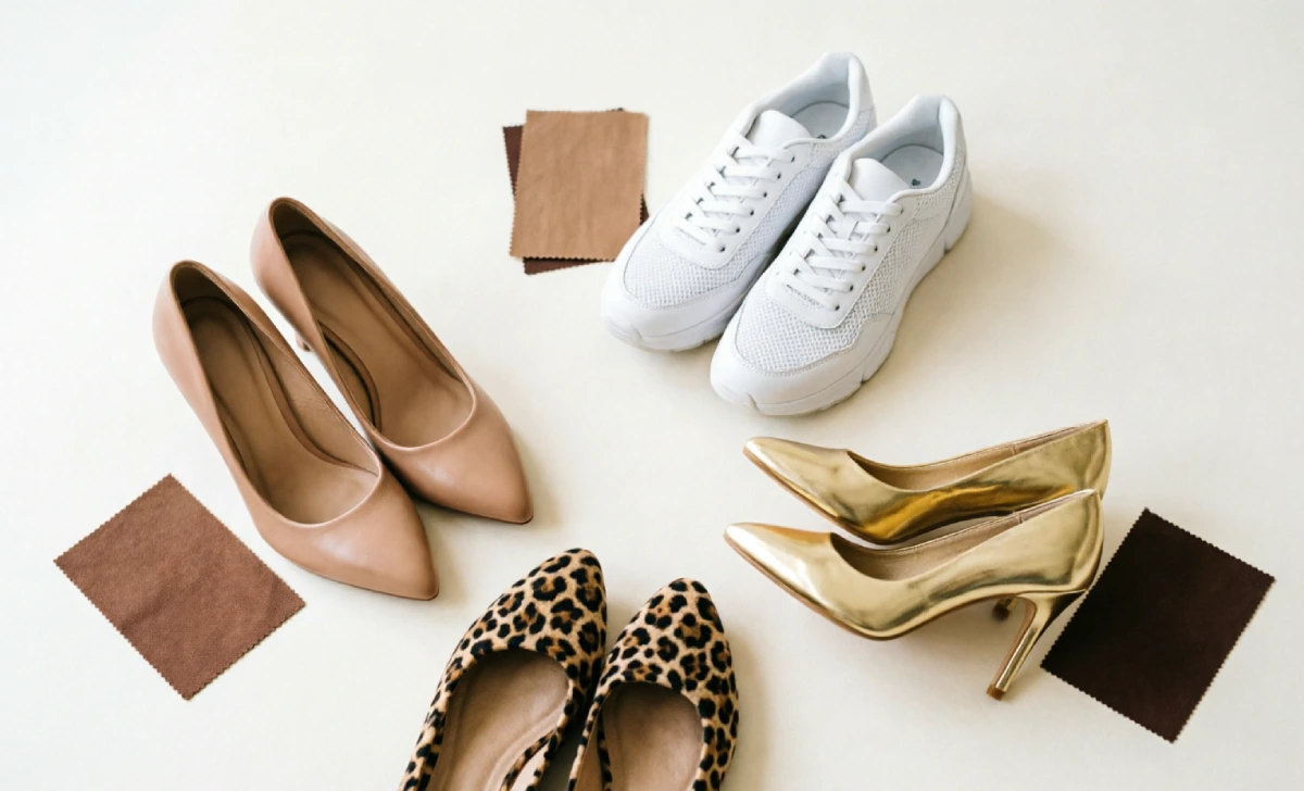 Shoe colour options for a brown dress including nude, white, metallic, and animal print