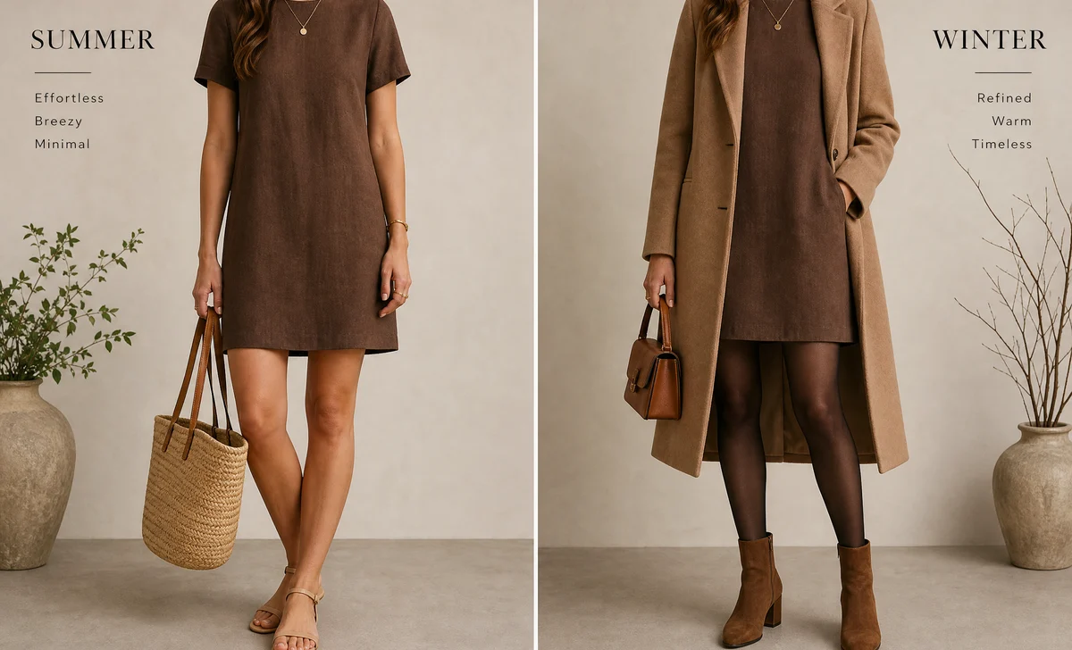Brown dress styled for summer versus winter weather