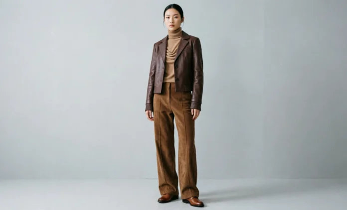 Brown on Brown Outfit Styling Idea Brown on brown outfit with camel coat, knit sweater, and taupe trousers for a tonal look.