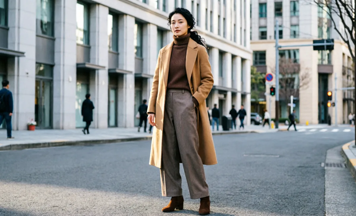 Brown on brown outfit formula with camel coat, chocolate knit, and taupe trousers.