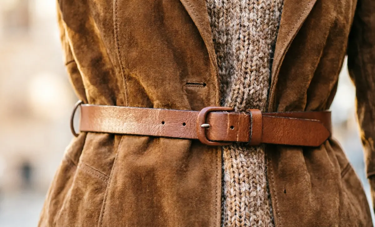 Brown on brown outfit texture mixing with suede, knit, and leather details.