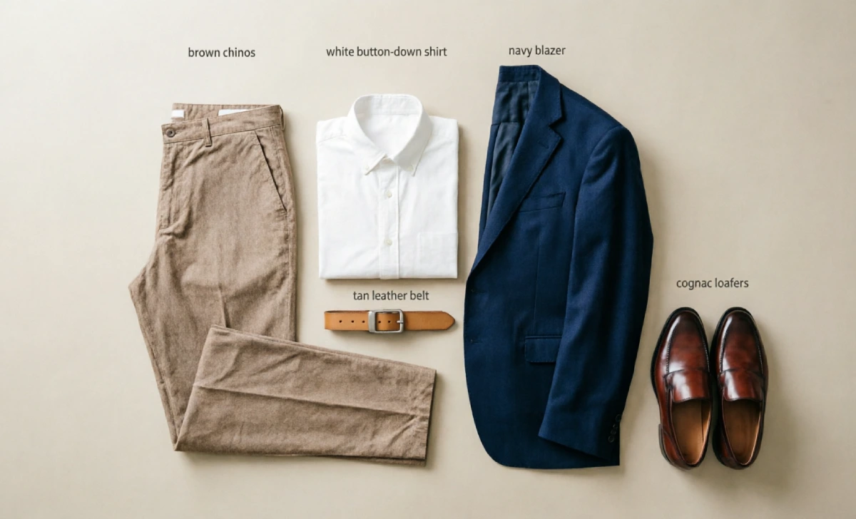 Complete outfit formula styled with brown pants for a smart-casual look