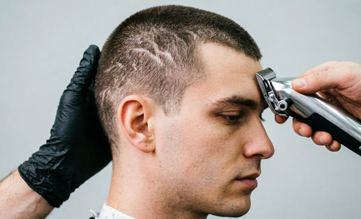 Close-up of a military buzz cut being trimmed with clippers