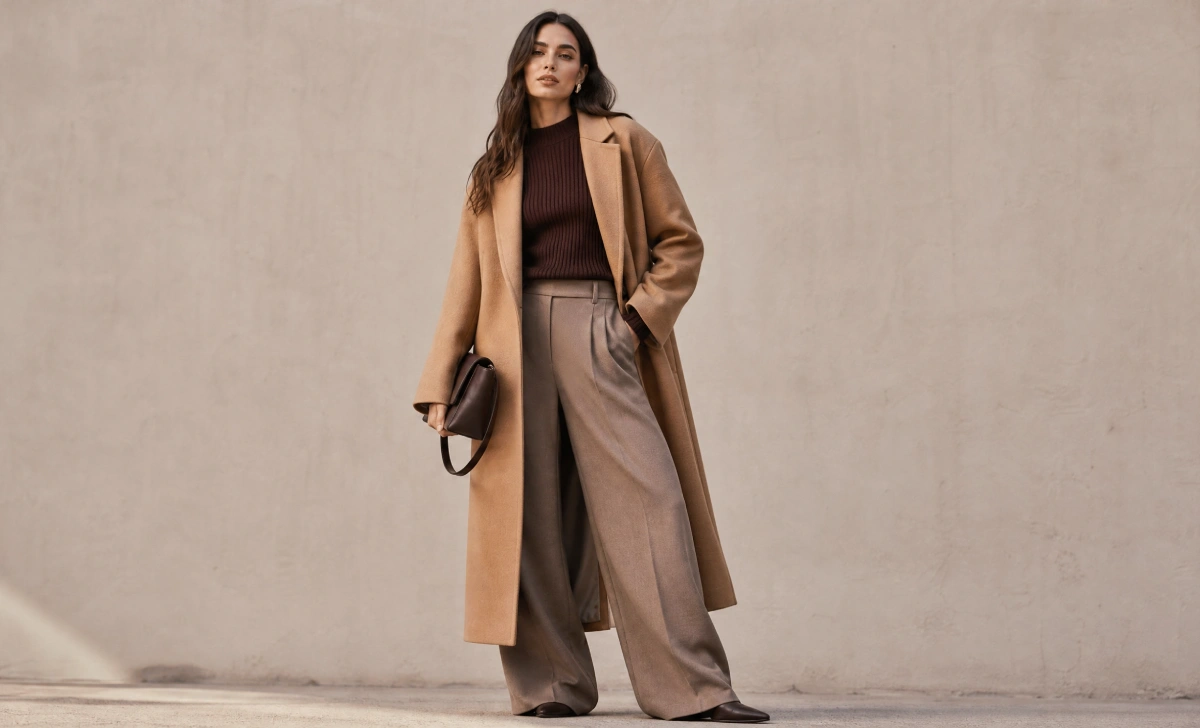 camel coat chocolate knit taupe trousers brown on brown outfit formula