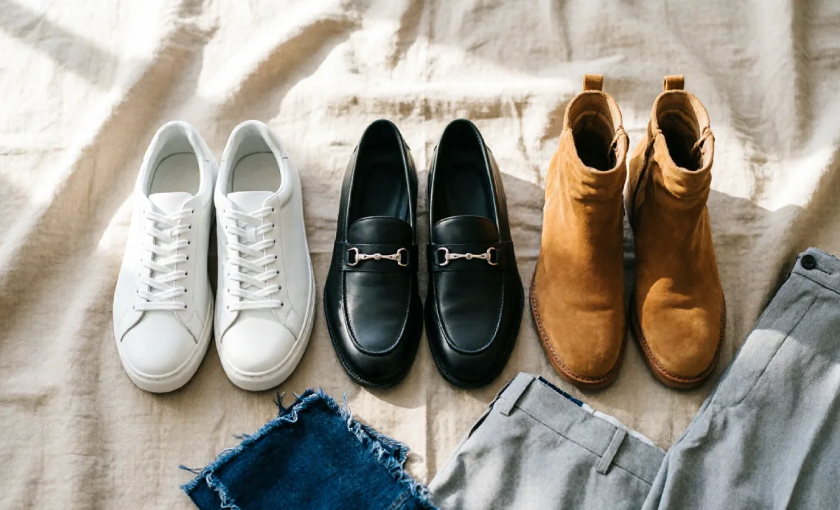 A capsule shoe wardrobe starter set with sneakers, loafers, and boots