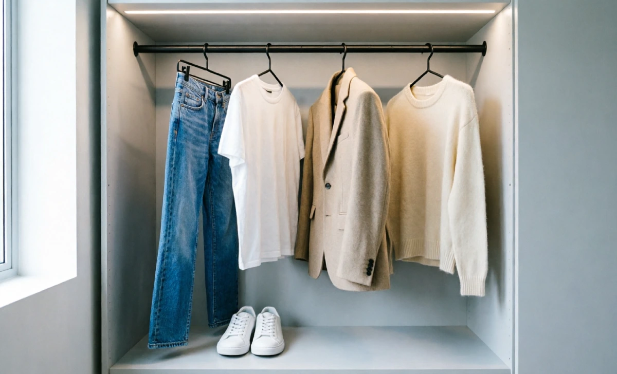 Capsule wardrobe with jeans, blazer, and neutral basics hanging in an organized closet