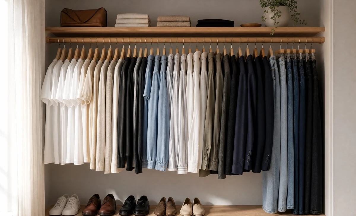 Capsule wardrobe with jeans, blazer, and neutral basics organized on a rack