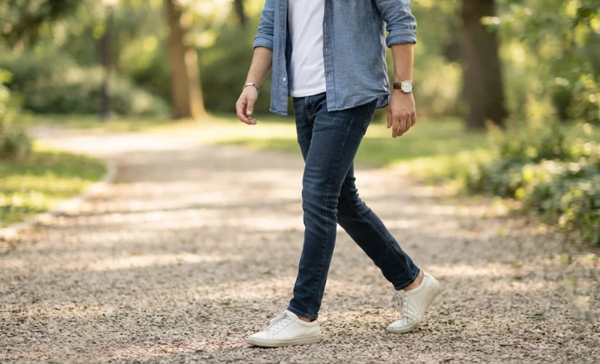 First Date Outfit Ideas for a casual coffee or park date with jeans, layered shirt, and sneakers.