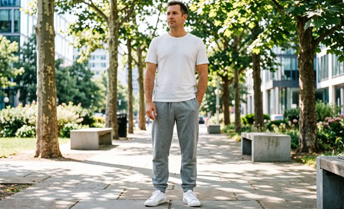 Person wearing casual joggers styled with a t-shirt and sneakers outdoors